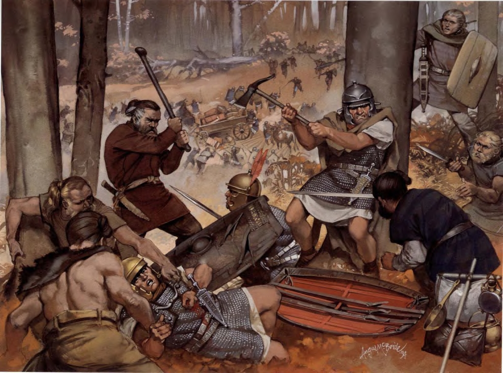 Germanic tribes ambushing Roman legions in dense forest terrain during the Battle of Teutoburg Forest