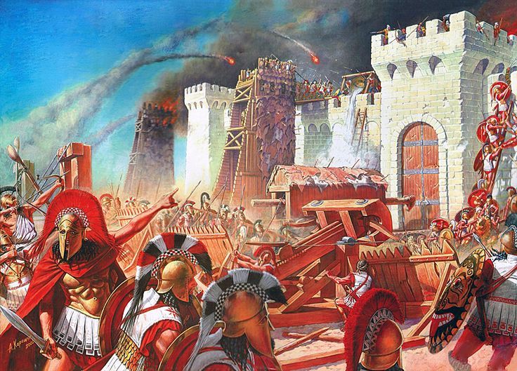 Roman army using battering rams, catapults, and siege towers during large scale city assault