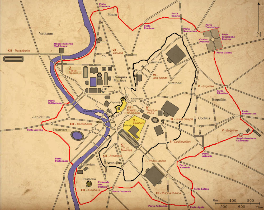 Map showing Aurelian Walls surrounding ancient Rome during third century fortification