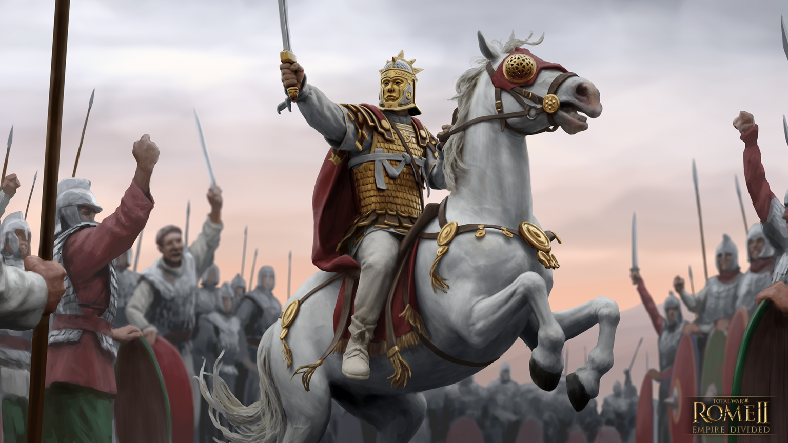 Roman Emperor Aurelian riding horseback in imperial armor during military campaign