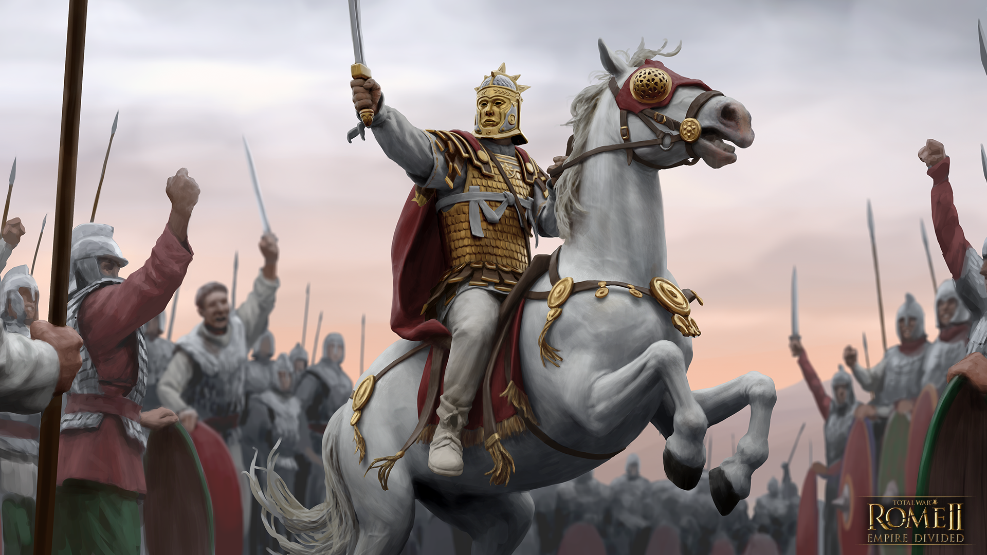 Roman Emperor Aurelian riding horseback in imperial armor during military campaign
