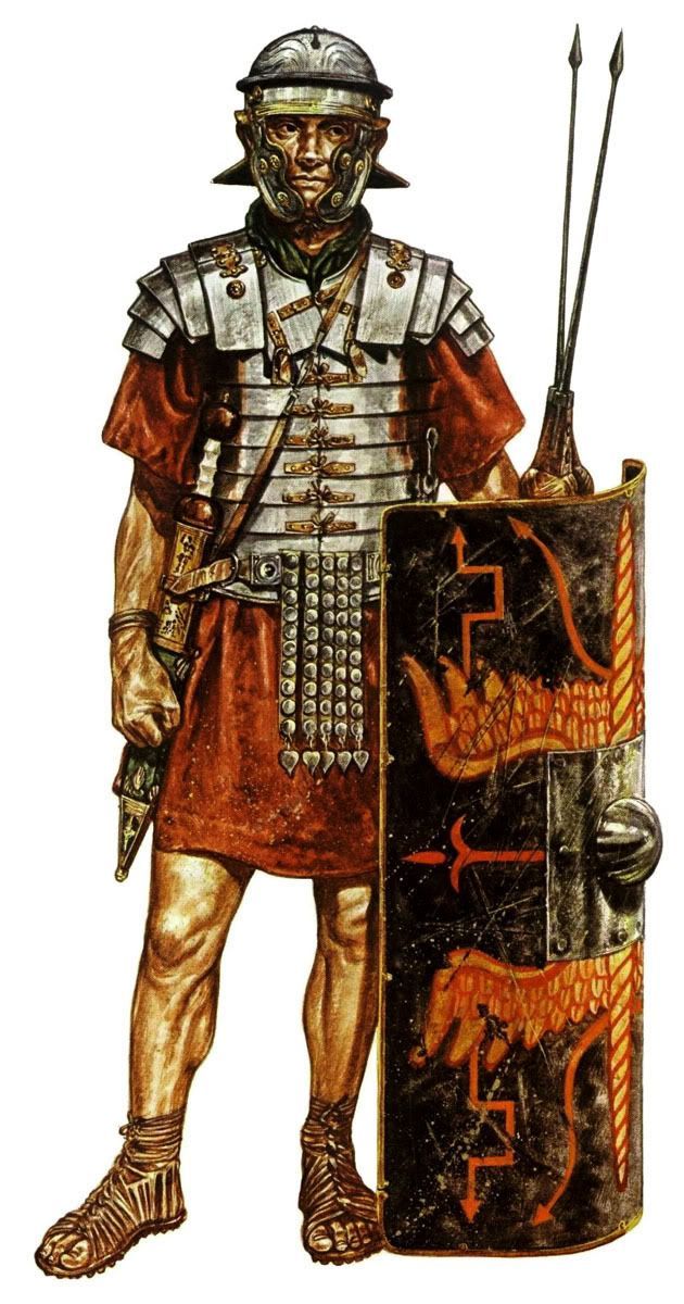 Roman legionary in armor holding shield and pilum ready for battle