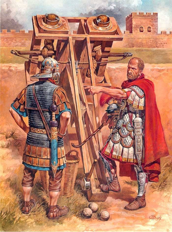 Roman ballista artillery weapon launching large bolts during ancient siege warfare