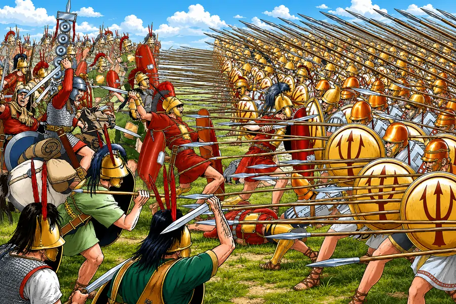 Roman manipular legion clashes with Greek phalanx formation during ancient battlefield encounter