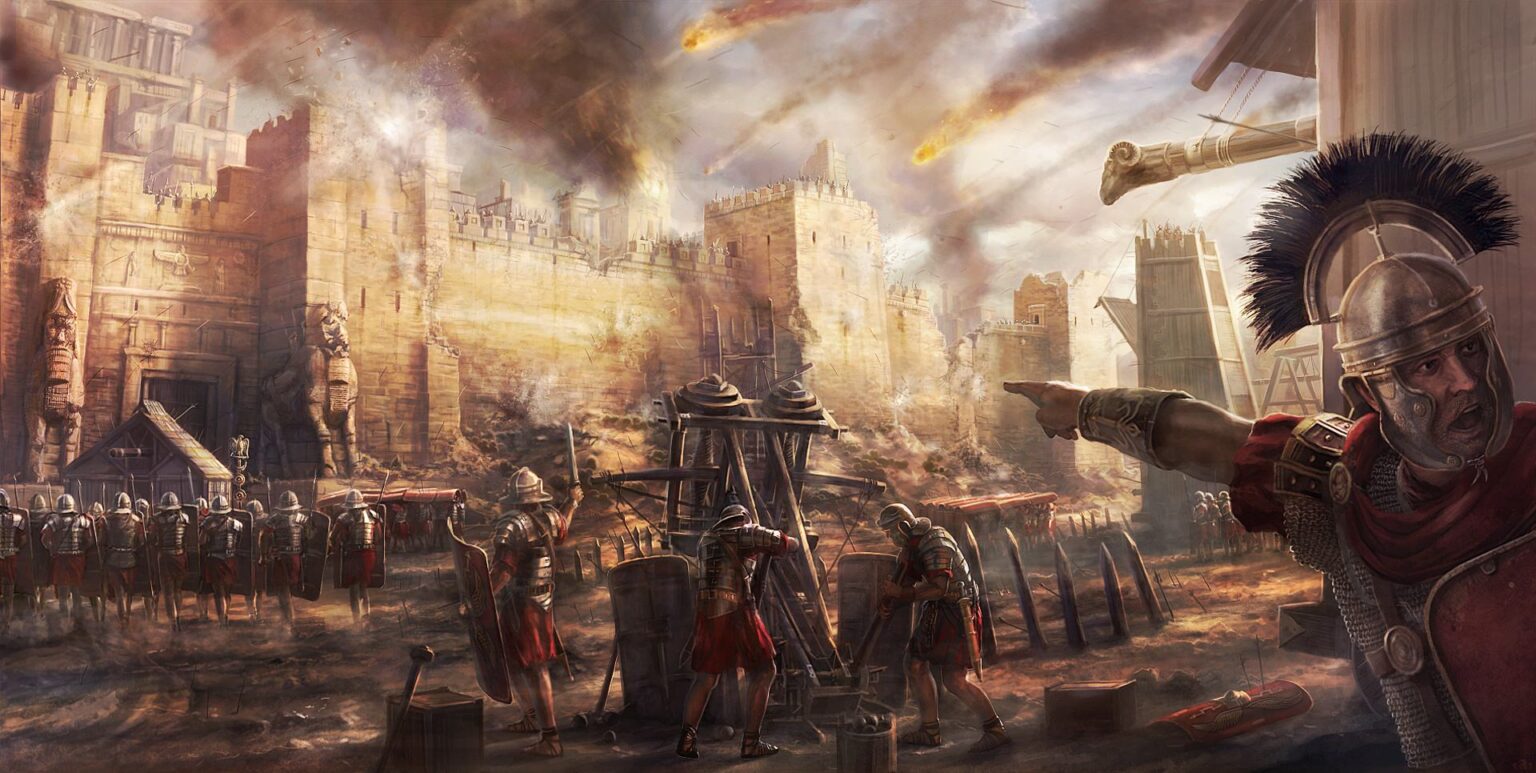 Roman soldiers assaulting fortified city walls during ancient siege warfare campaign