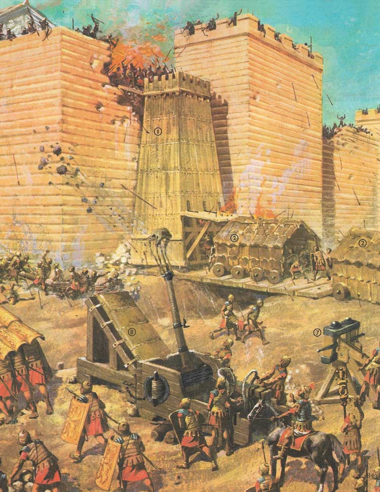 Roman siege towers advancing against fortified city walls during ancient assault