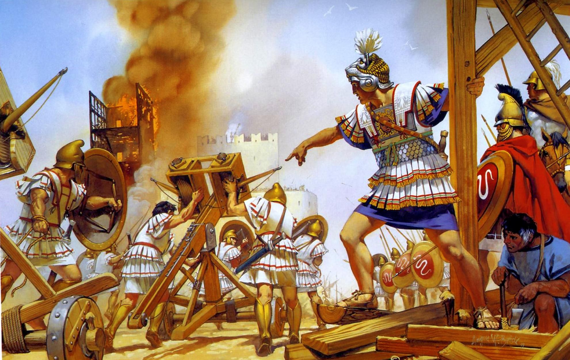 Carthaginian defenders resisting Roman siege forces from fortified city walls during ancient warfare
