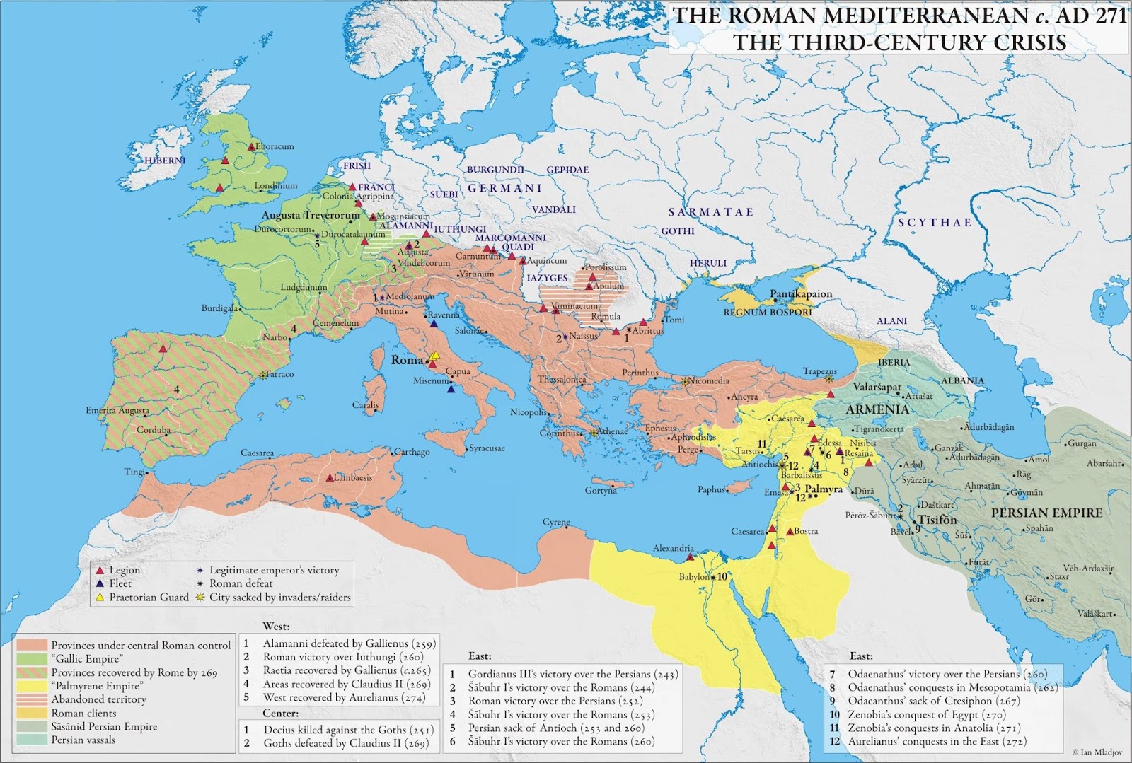 Map showing divided Roman Empire in 271 AD under Emperor Aurelian during crisis