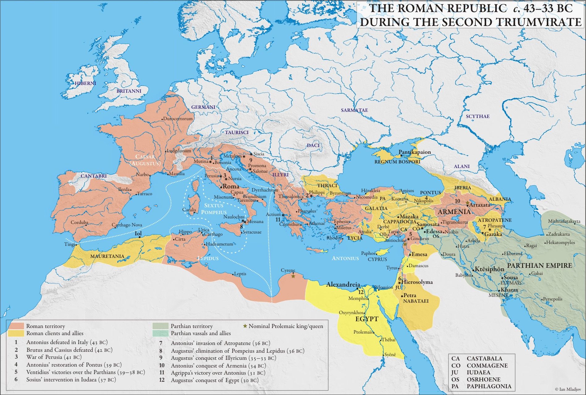 Map showing Roman provinces across the empire in 34 BC during Augustus era expansion