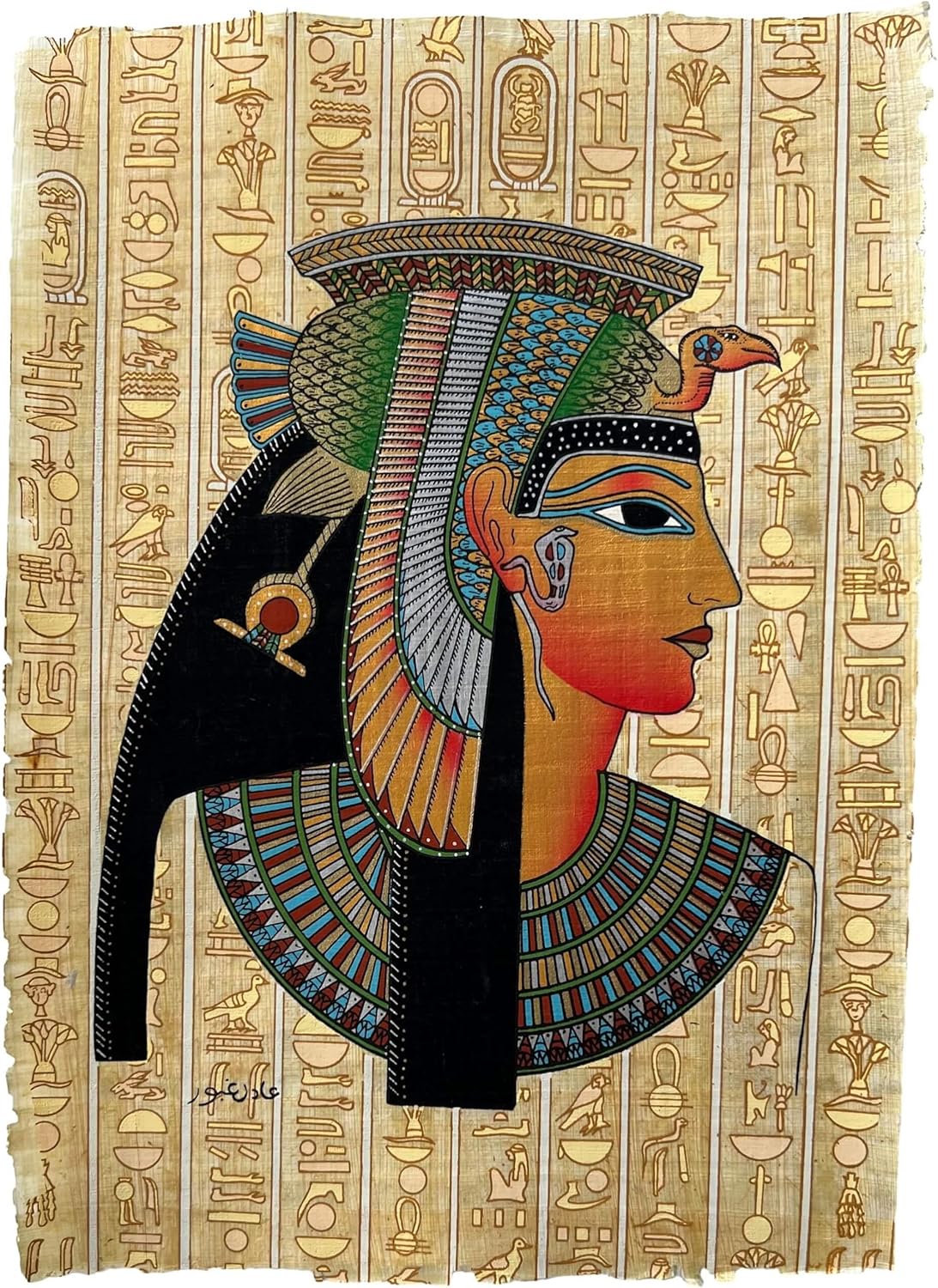 Ancient Egyptian style wall painting depicting Queen Cleopatra VII in royal ceremonial attire