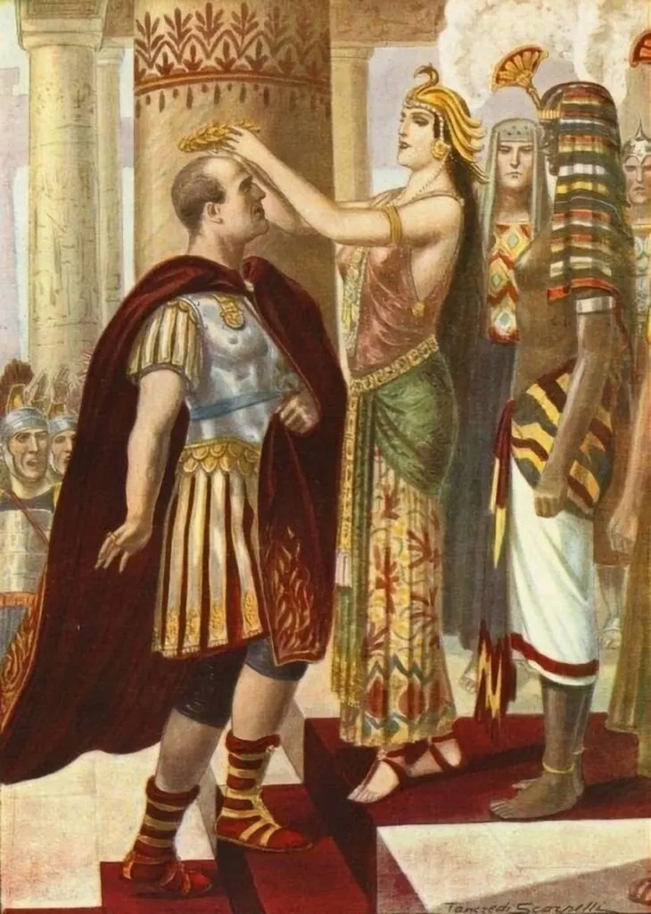 Cleopatra welcoming Julius Caesar during their historic meeting in ancient Alexandria