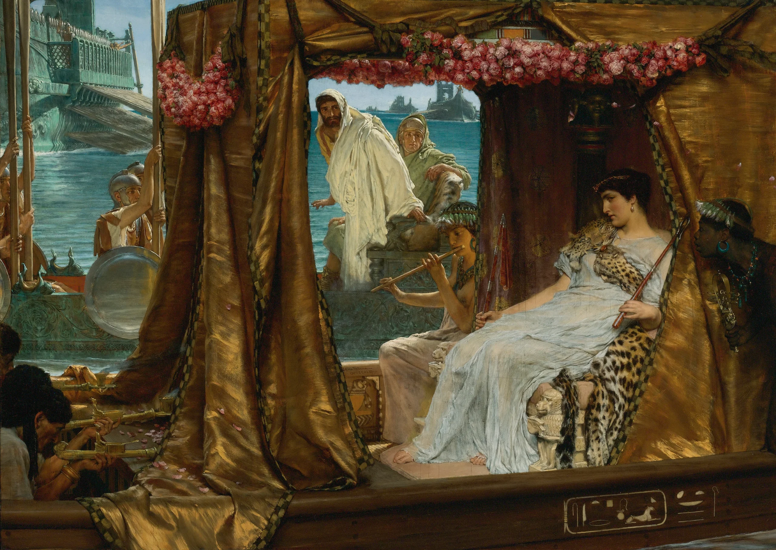 Cleopatra meeting Mark Antony aboard a boat during ancient Roman Egyptian alliance
