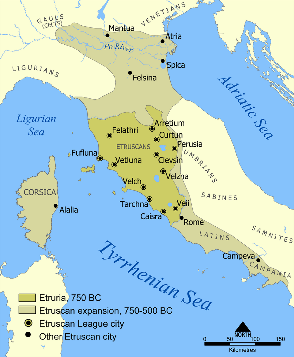 Map showing Etruscan territories across central Italy during ancient Roman history