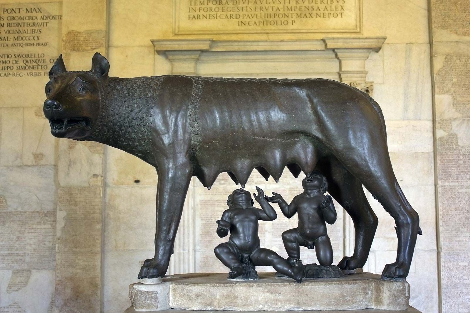 Famous Capitoline Wolf statue depicting Romulus and Remus drinking milk from the she-wolf