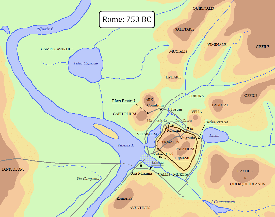Map of ancient Rome in 753 BC showing early settlements and legendary founding areas