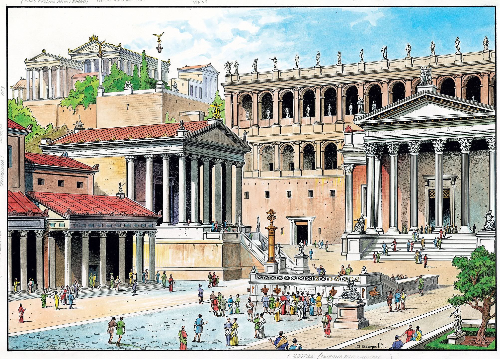 Illustration of the Roman Forum showing ancient temples, streets, and civic buildings