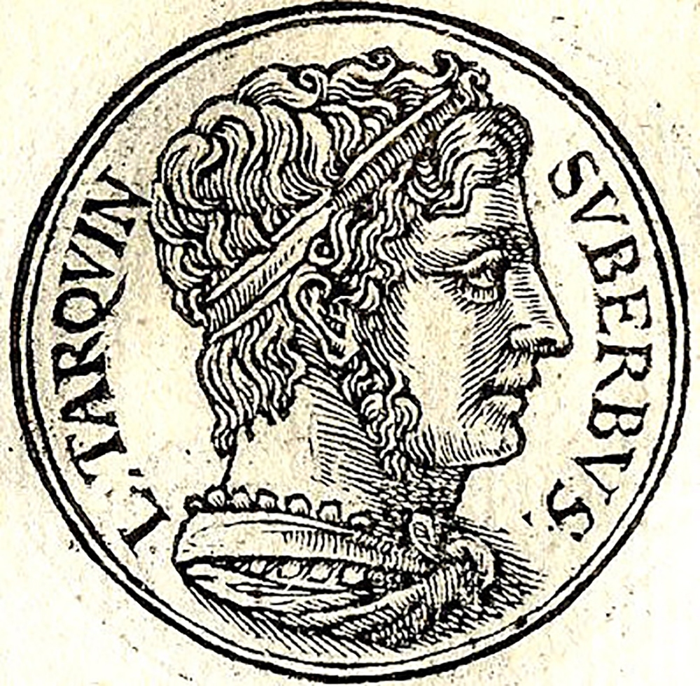 Drawing of an ancient coin depicting Lucius Tarquinius Superbus, Rome’s final king