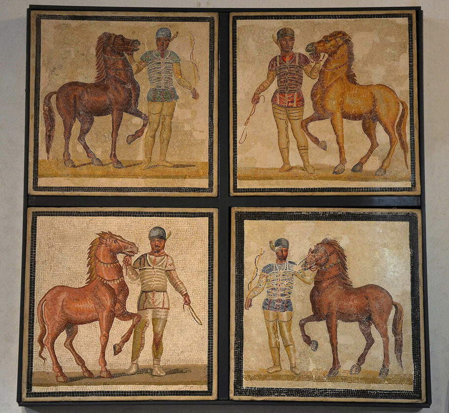Ancient Roman mosaic depicting the four chariot racing factions in their traditional colors