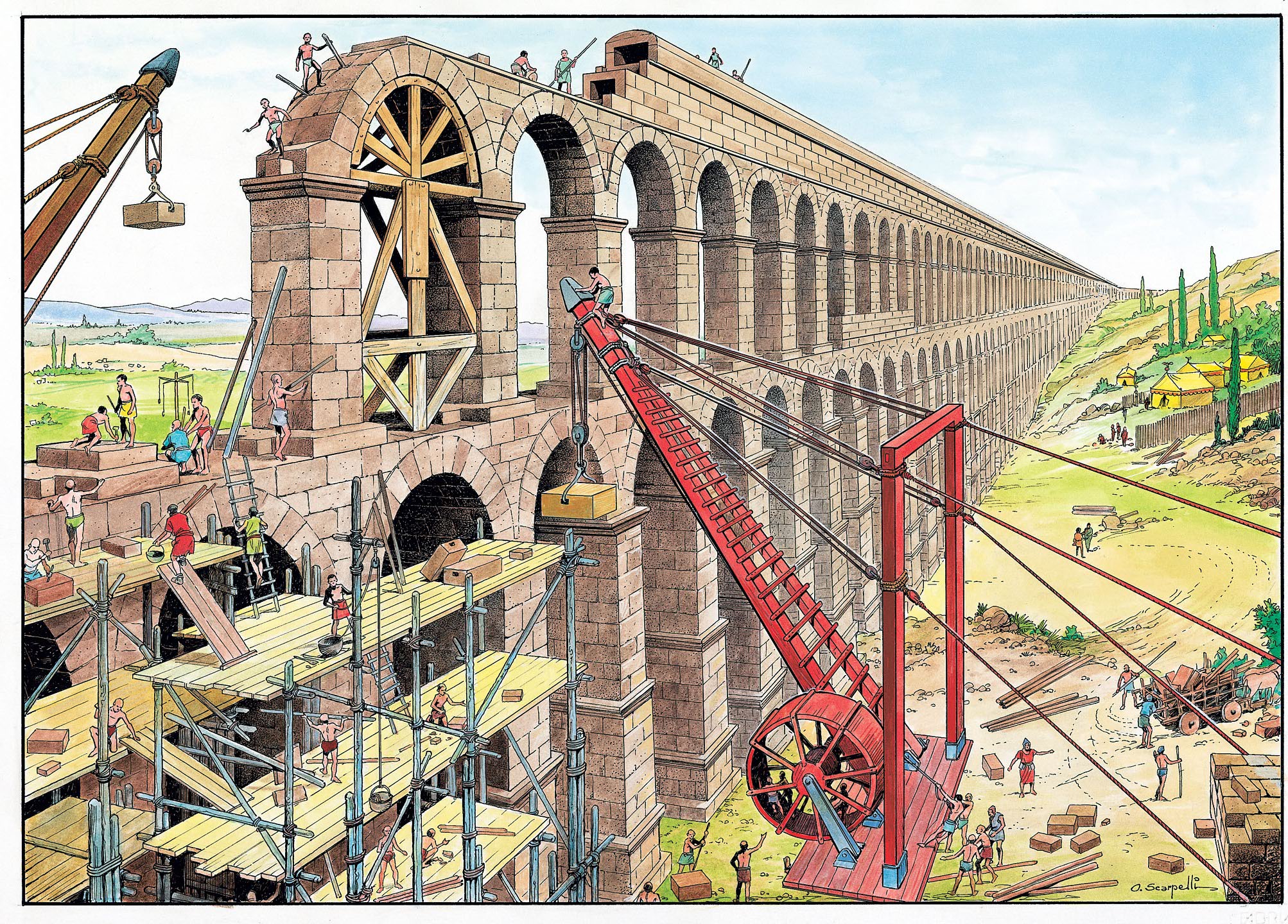 Roman workers rebuilding aqueducts carrying fresh water toward Rome during an ancient infrastructure project