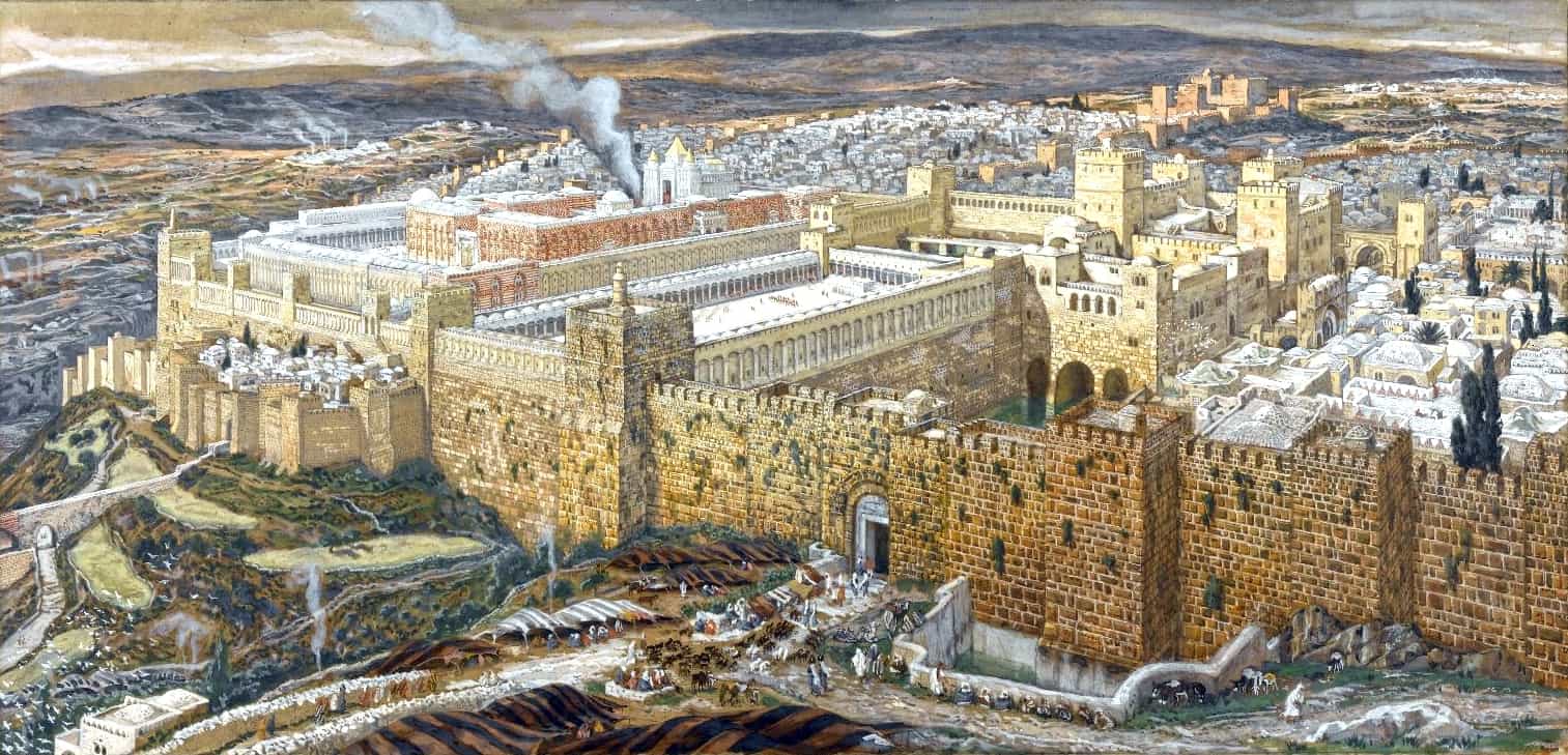Ancient Jerusalem before the Roman siege, showing the city, Temple, walls, and surrounding landscape