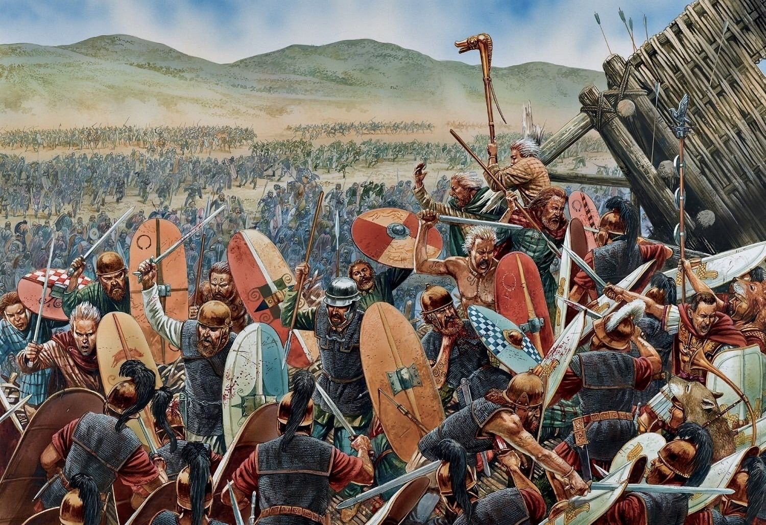 Roman legionaries defending city walls against attackers during an ancient siege