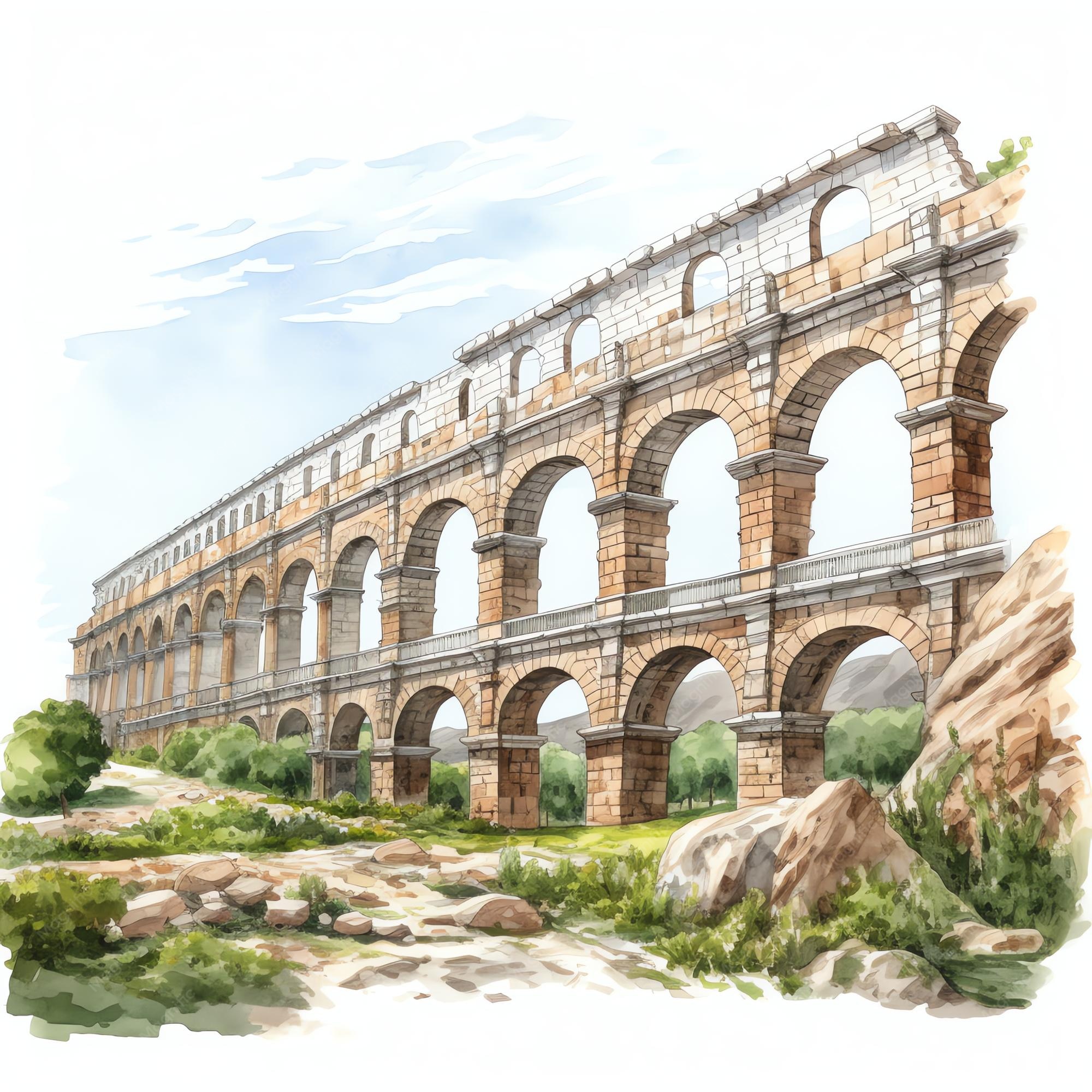Giant Roman aqueduct carrying fresh water toward the city across a vast landscape