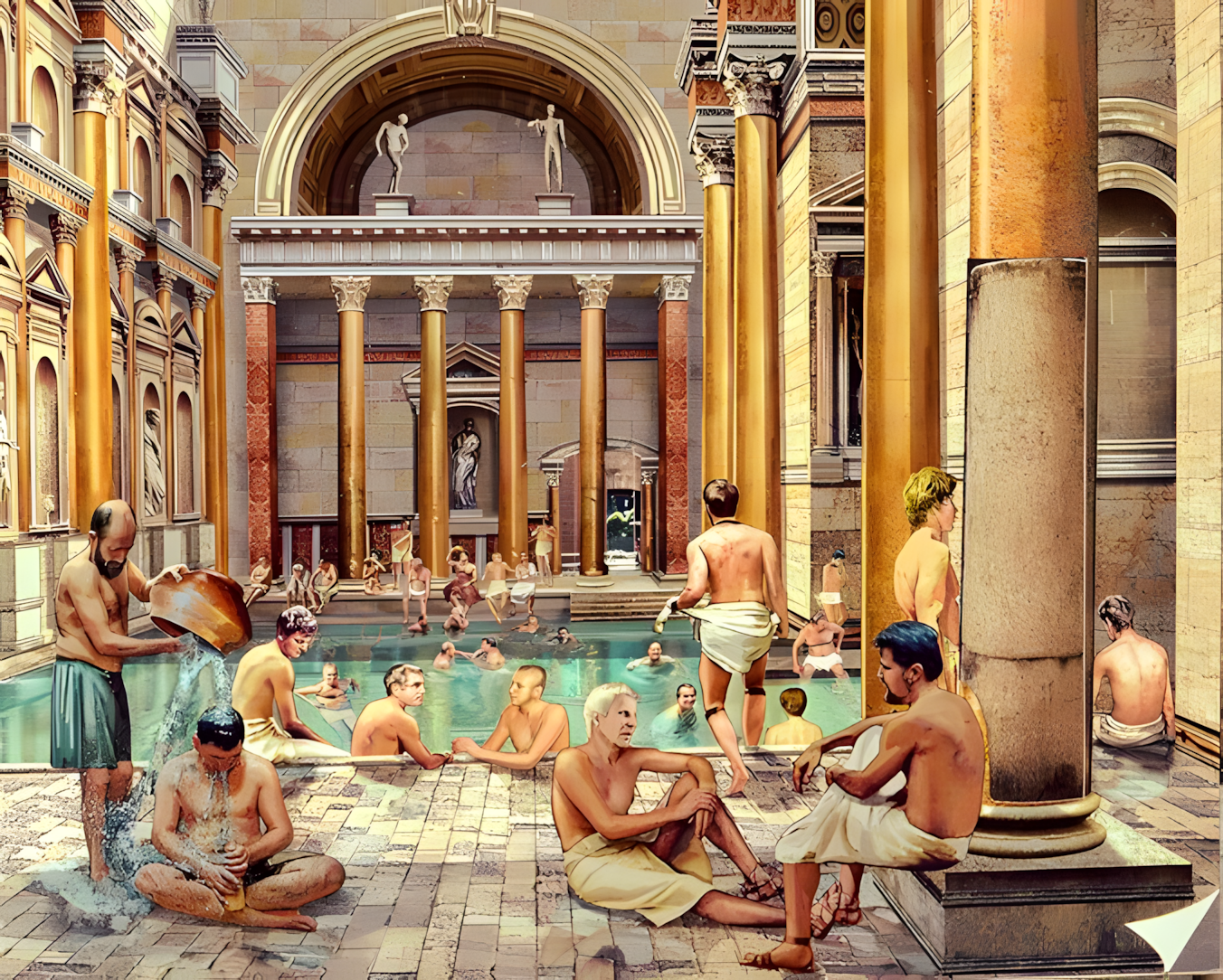Ancient Roman baths with hot water, marble pools, and people bathing inside