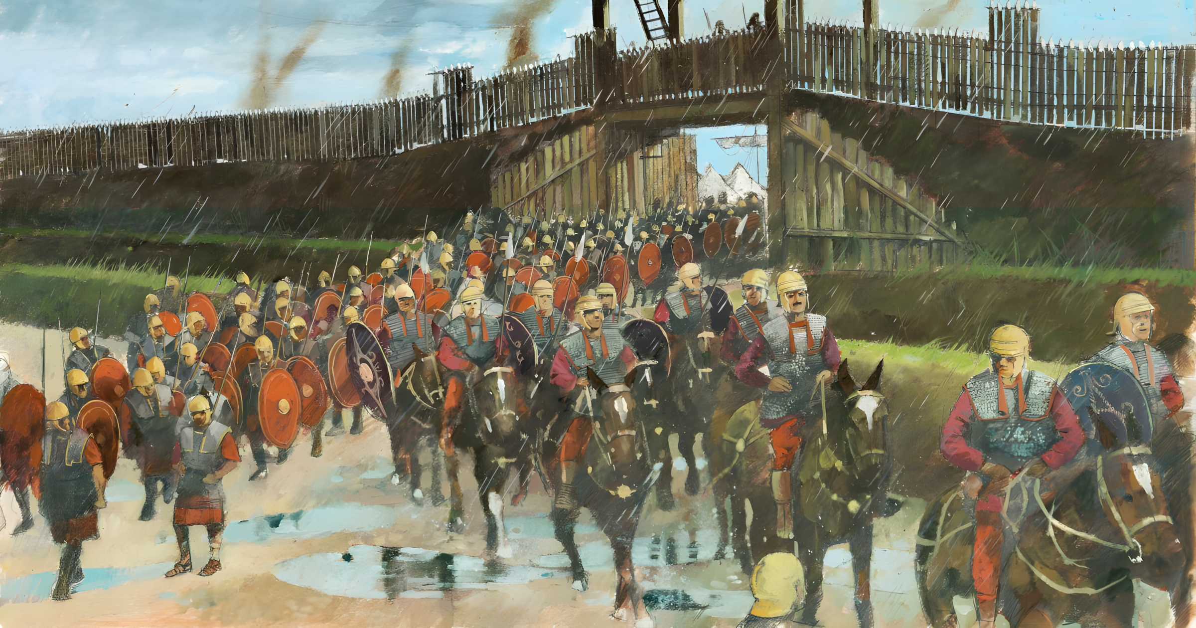 Roman legionaries marching out of camp through terrible weather during a military campaign in Britannia