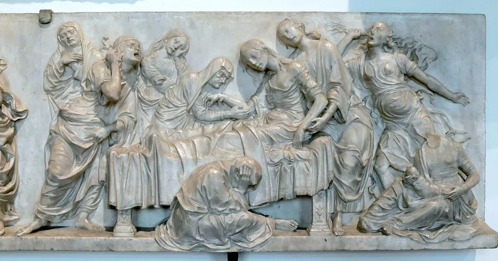 Ancient Roman childbirth scene showing a mother assisted by women and attendants during delivery