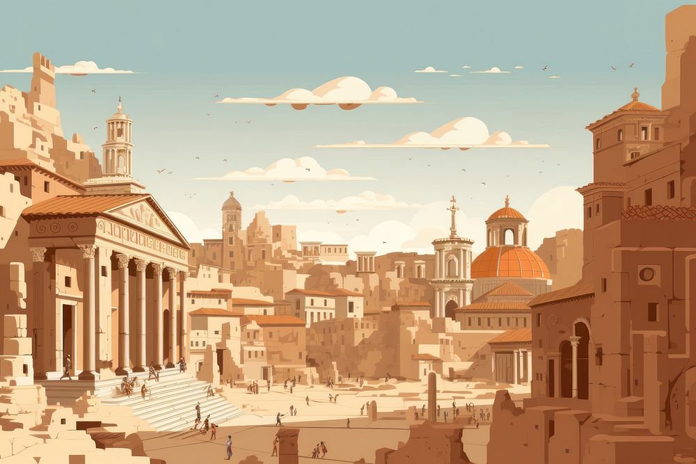 Ancient Roman city glowing beneath a beautiful sunset over rooftops, temples, and streets