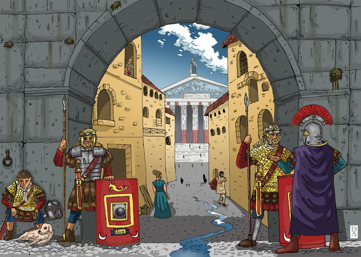 Roman soldiers guarding the gate entrance to the inner city, monitoring people entering and leaving