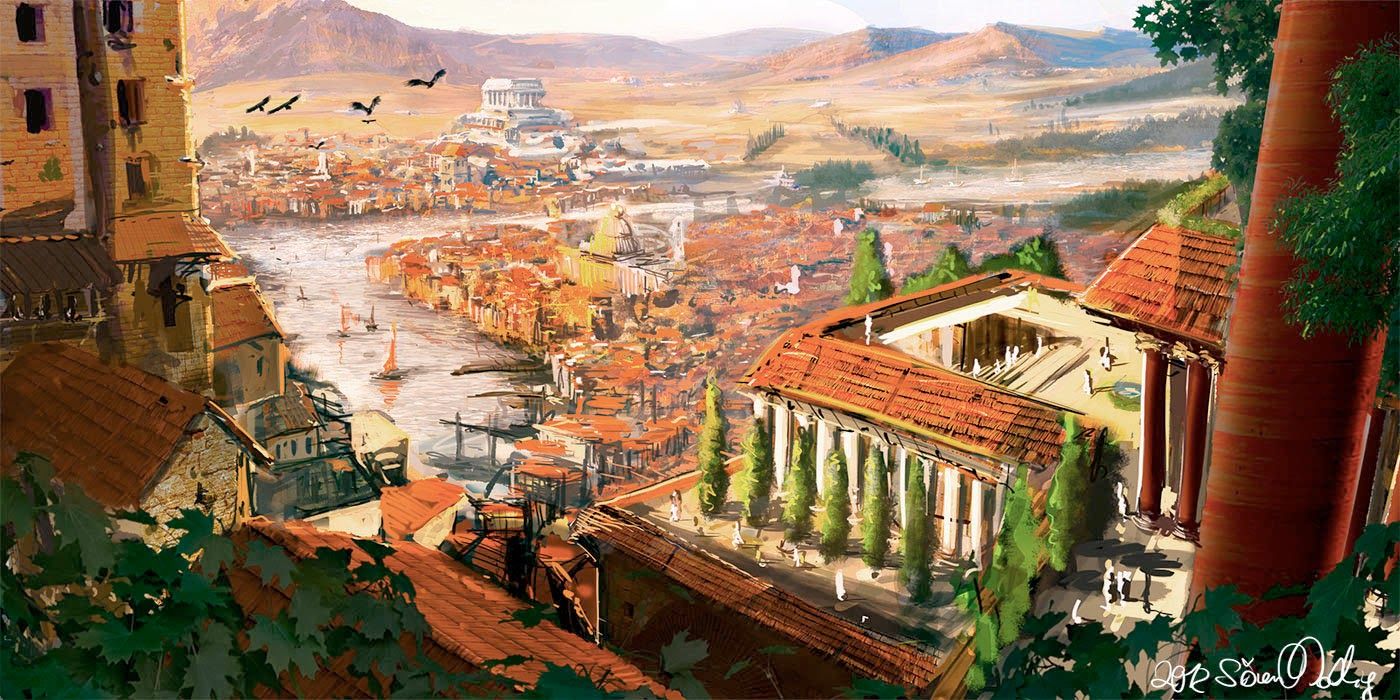 Beautiful ancient Roman city beside a busy port beneath a clear blue sky