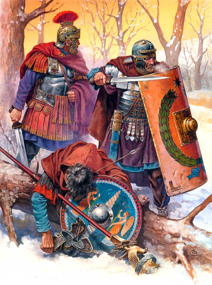 Roman scouts traveling through snowy Dacia during an ancient military reconnaissance mission