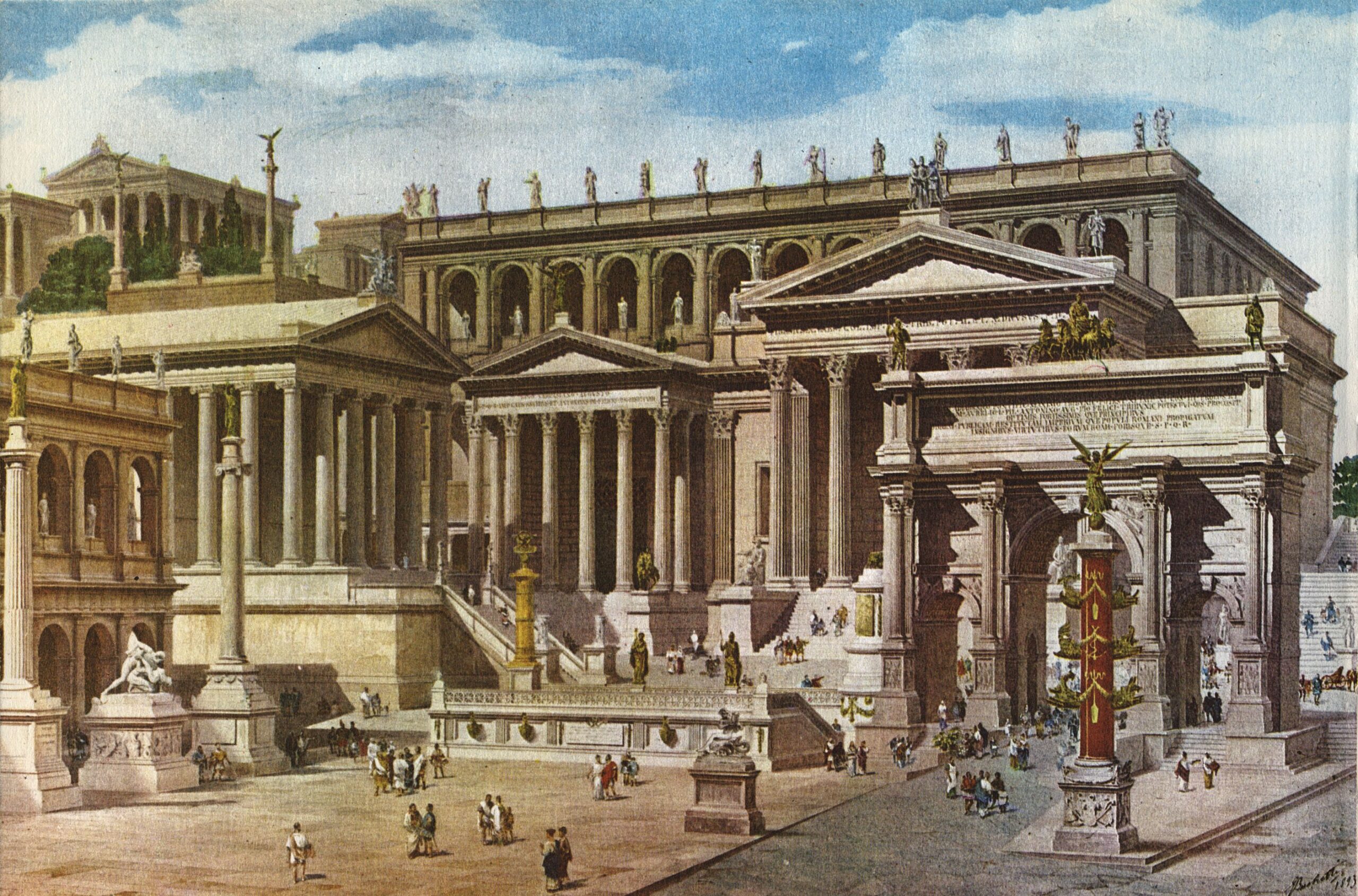 Ancient Roman Forum filled with citizens, merchants, politicians, temples, and public buildings during daily activity