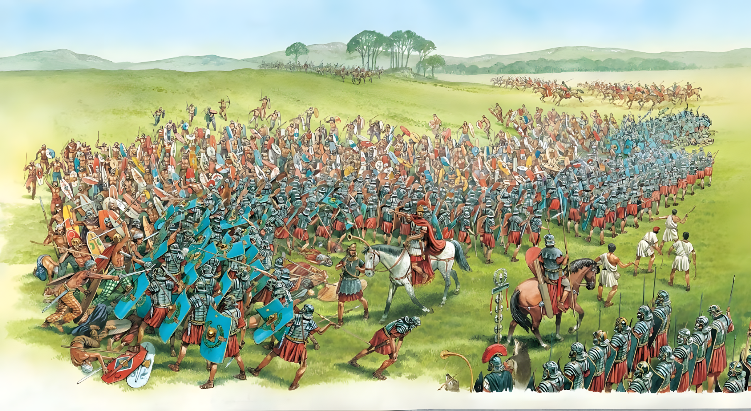 Roman legionaries holding their battle line against a charging Gallic warrior force in Gaul