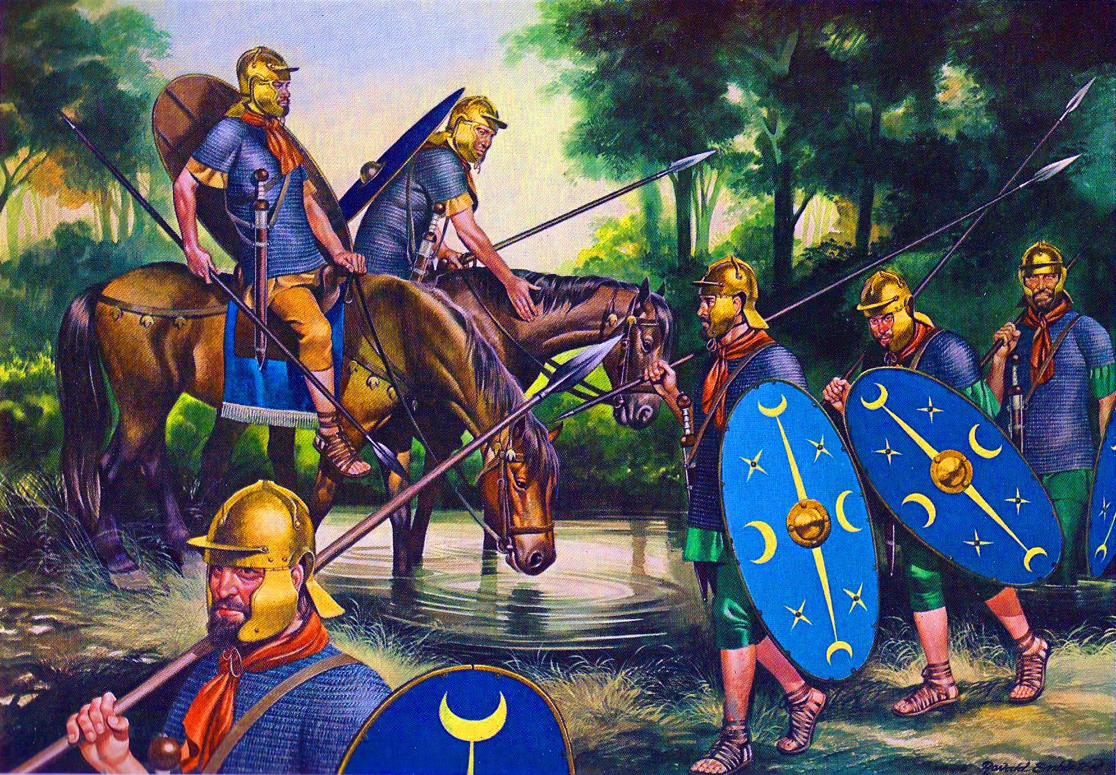 Roman scouts observing the landscape of Germania during an ancient military reconnaissance mission