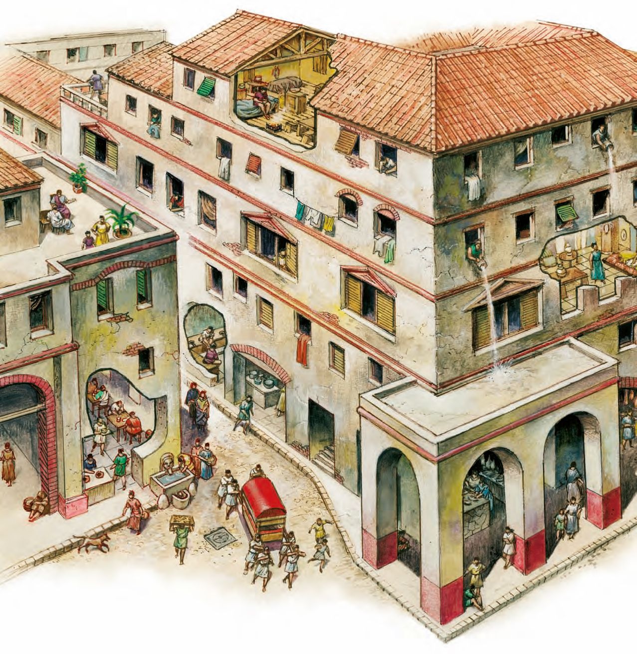 Large Roman insula rising above a busy street filled with pedestrians, shops, and carts