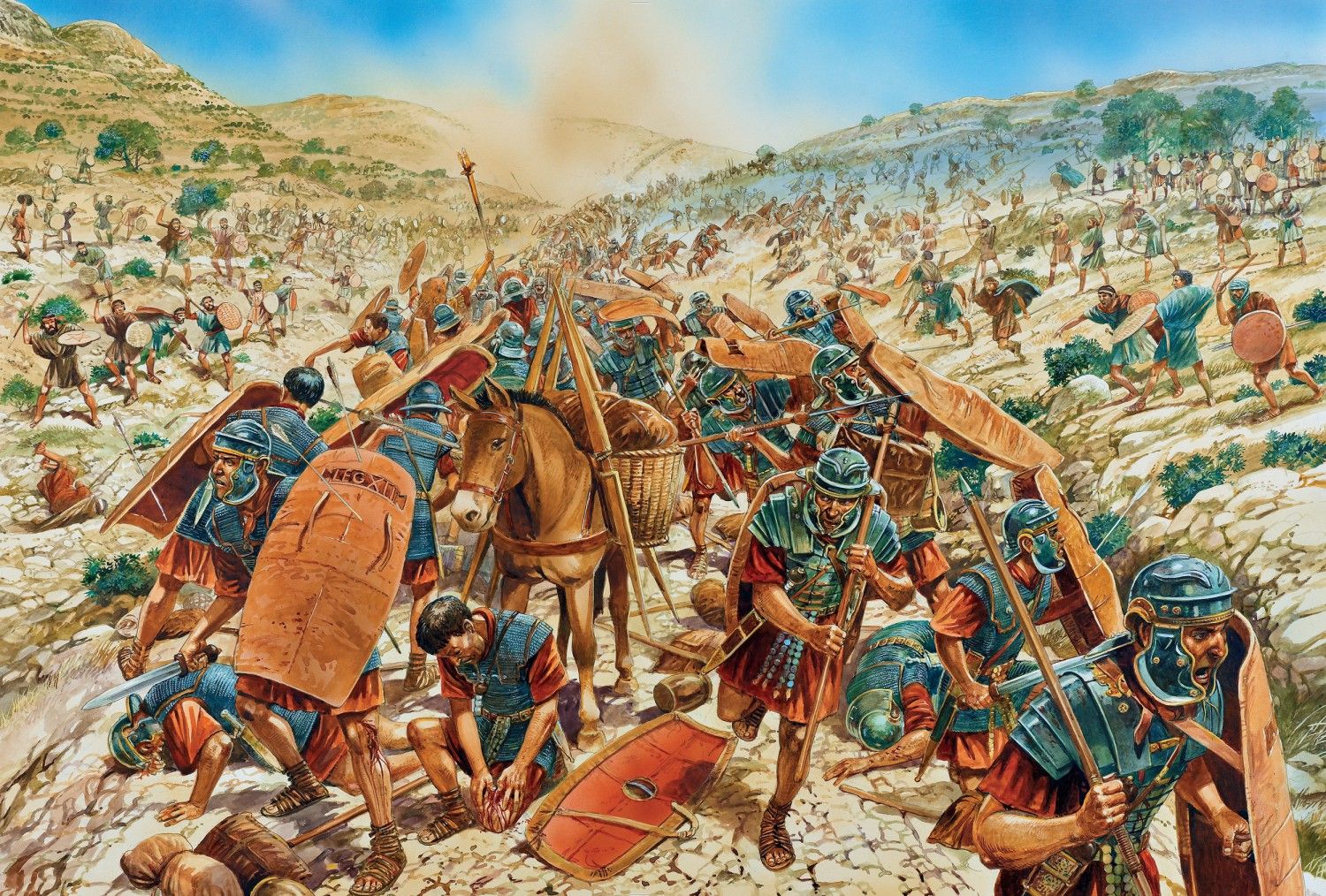 Roman legionaries in a small valley defending against ambushes from both sides