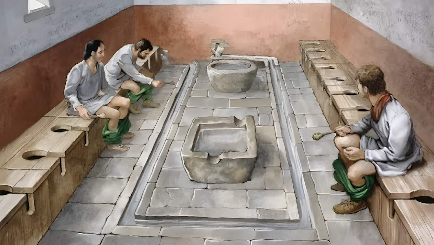 Ancient Roman latrines showing communal sanitation facilities associated with disease and poor hygiene