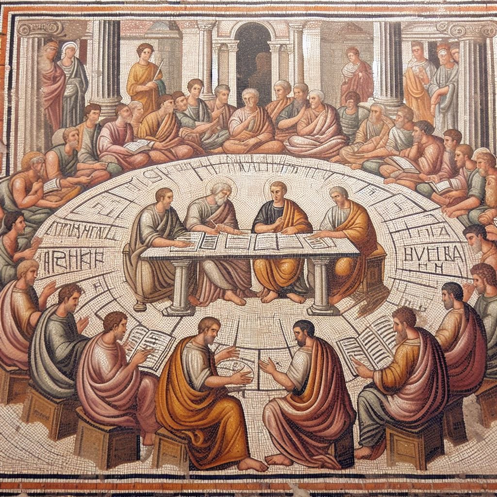 The famous Roman Twelve Tables displayed publicly with citizens gathered around to study the laws