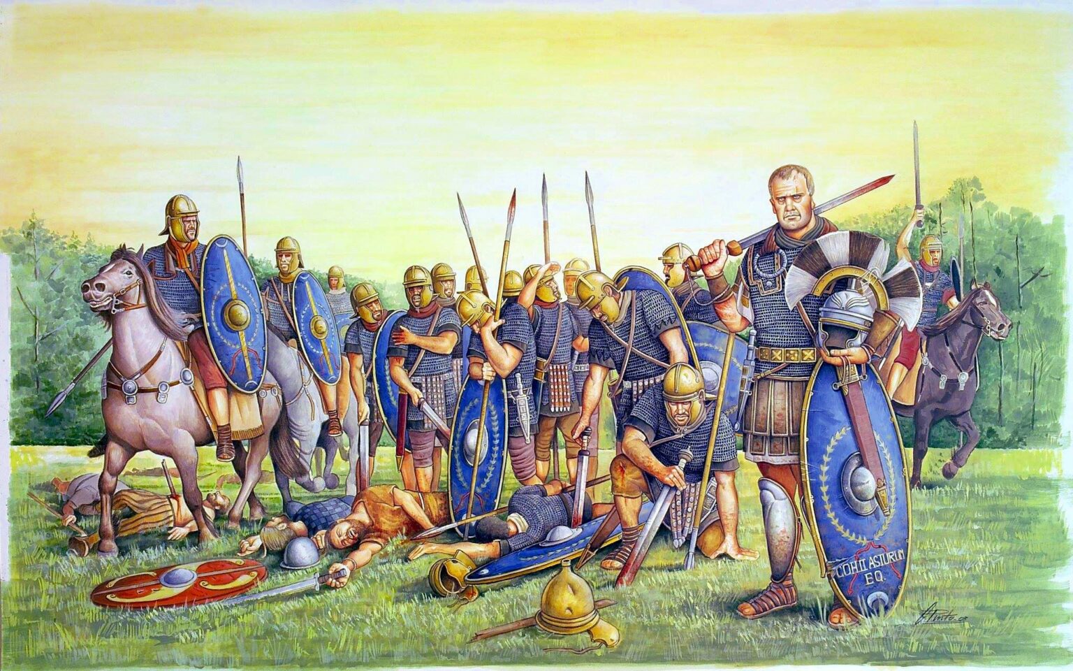 Roman scout party celebrating victory after a successful skirmish during an ancient military campaign