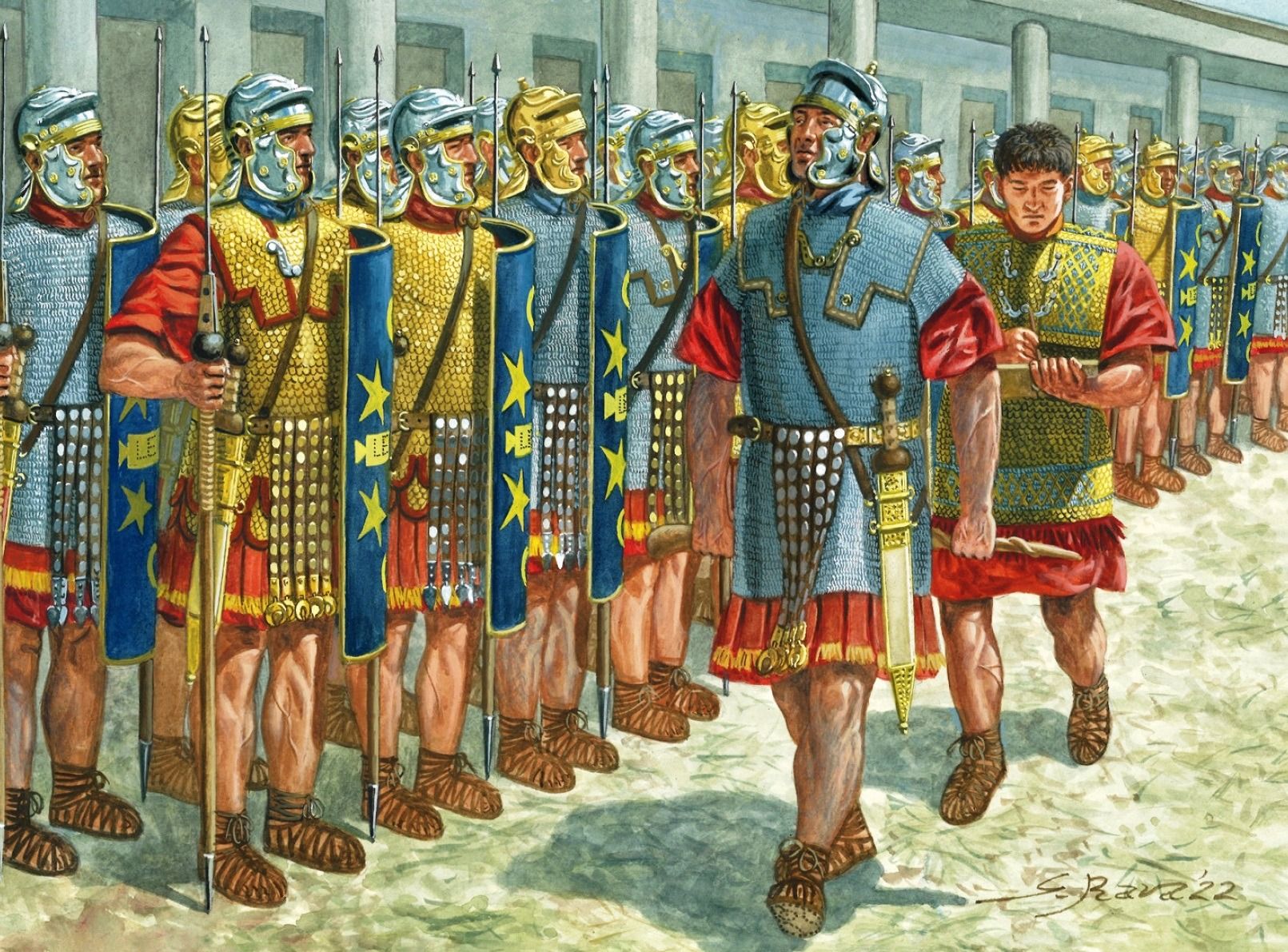 Roman legionaries undergoing inspection before departing for a military campaign against the Parthians