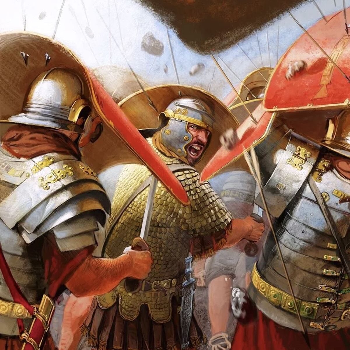 POV of a Roman soldier inside testudo formation as Parthian horse archers fire arrows