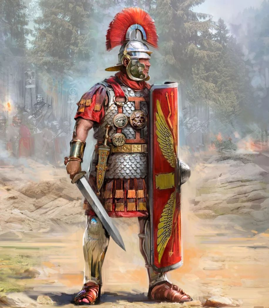 Roman centurion standing after battle, surveying the battlefield in ancient military armor