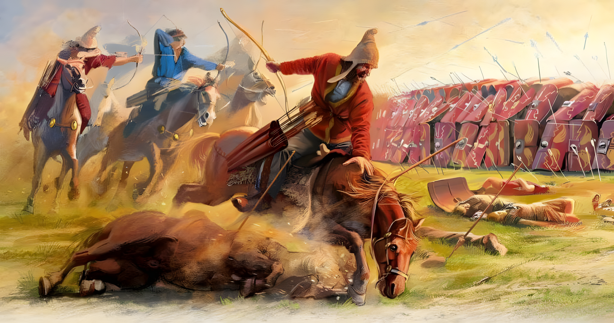 Parthian horse archers firing volleys at Roman testudo formation during an ancient battle