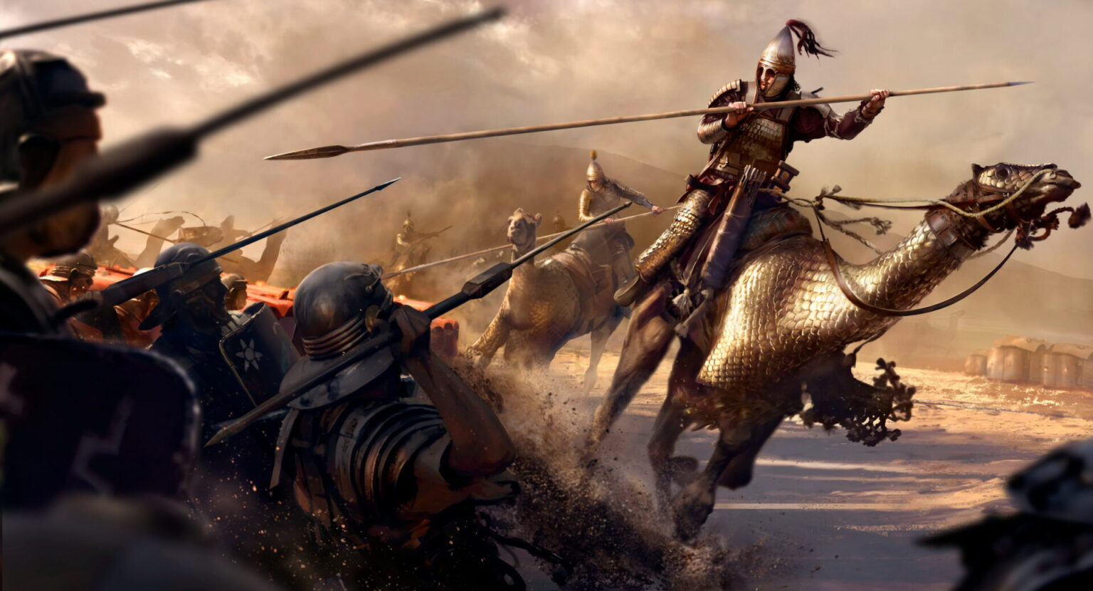 Roman legionaries defending their lines in Parthia against charging heavily armored cataphract cavalry