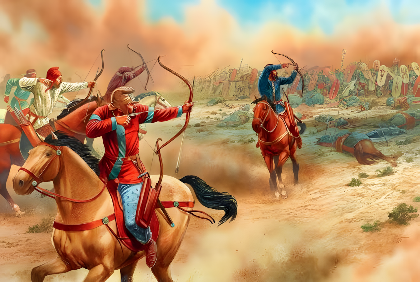 Parthian horse archers skirmishing against Roman lines during an ancient battle