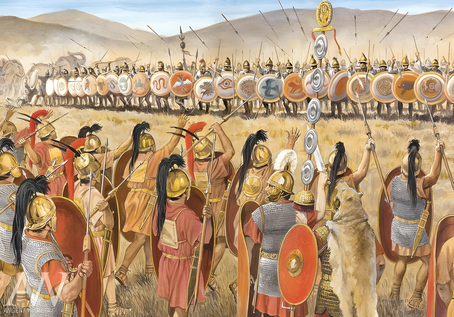 Roman and Parthian forces exchanging javelins before charging into close combat