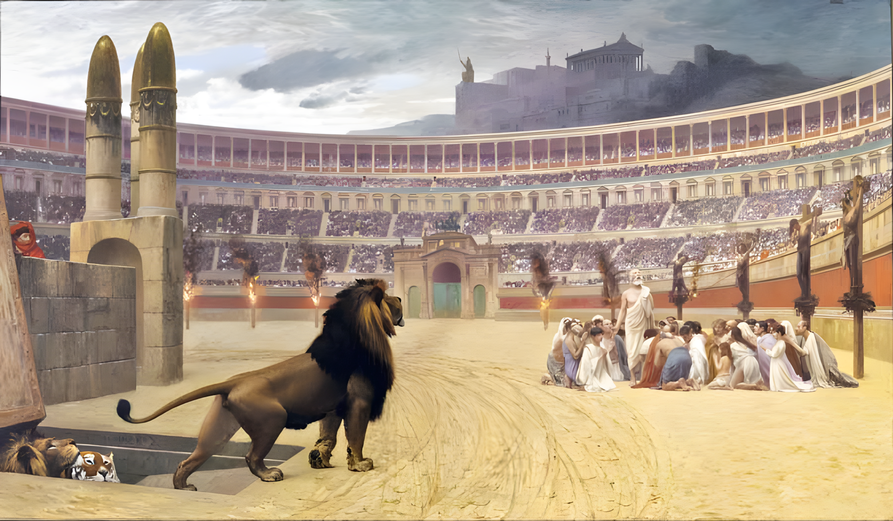 Roman punishment scene showing condemned prisoners exposed to lions inside the Colosseum arena