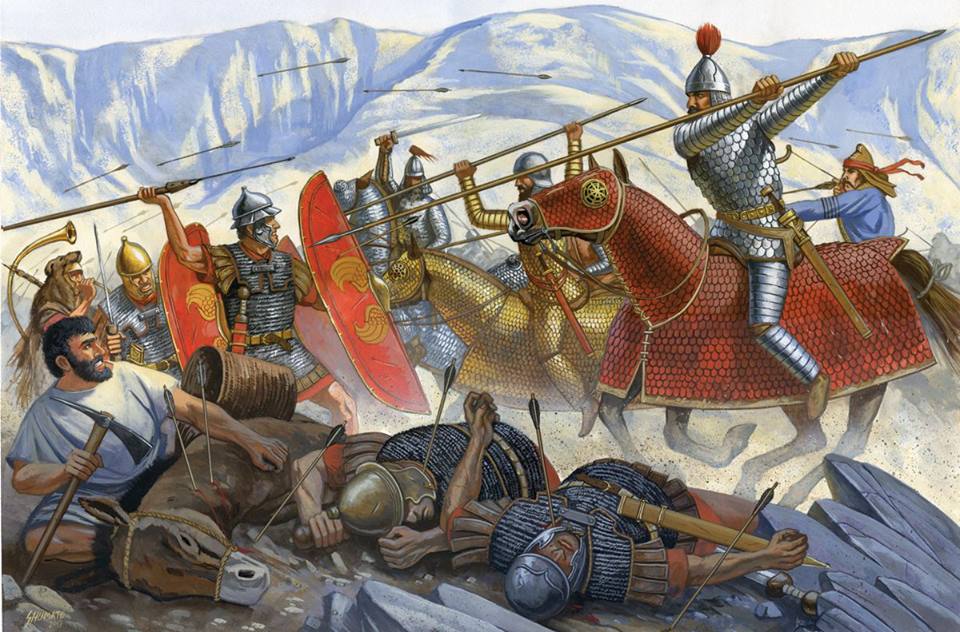 Roman legionaries holding a hilltop defensive line against heavily armored Parthian cataphracts advancing uphill